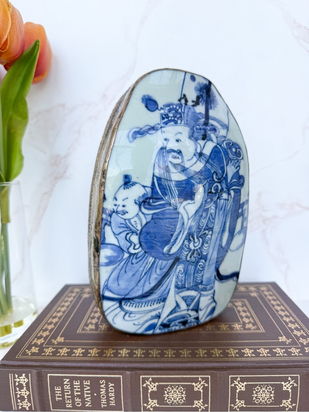 Vintage Chinoiserie Blue & White Porcelain Silver Metal Shard Box - Jumbo Size!